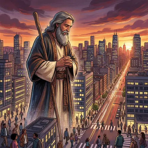 Ancient Figure Over Modern Cityscape | Spiritual Presence