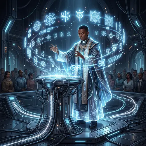 Futuristic High-Tech Ritual with Diverse Priest | Sacred Symbols