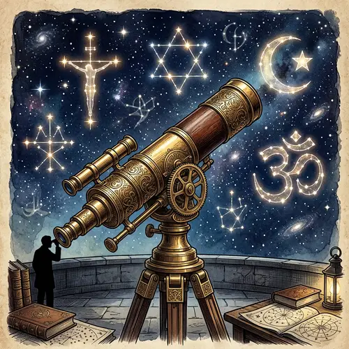 Unique Brass Telescope with Religious Symbols in Starry Night Sky