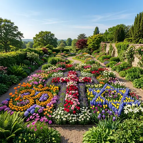 Lush Garden with Diverse Flowers and Religious Symbols