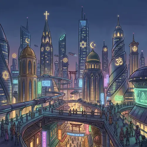 Futuristic Cityscape with Diverse Religious Symbols | Tomorrow's Innovation