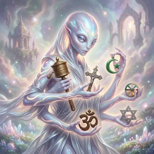 Ethereal Otherworldly Creature with Global Religious Artifacts