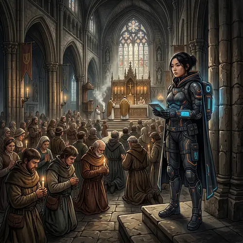 Time Traveler at Historical Religious Event | Digital Illustration