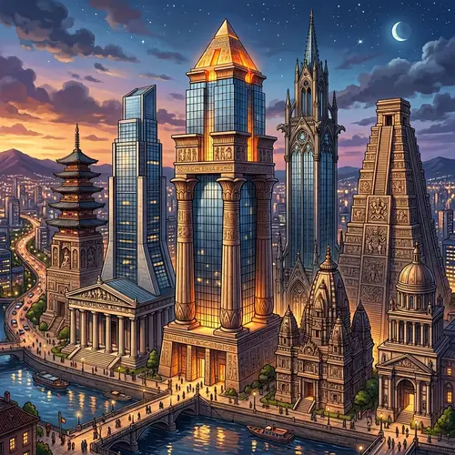 Cityscape Illustration: Diverse Skyscrapers Drawing Ancient Temple Design Inspirations