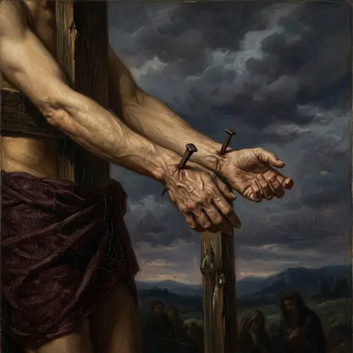 Historical Religious Scene: Crucifixion Hands Illustration