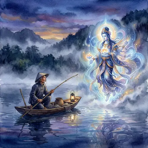 Asian Fisherman Encounter with Divine Being on Misty Lake