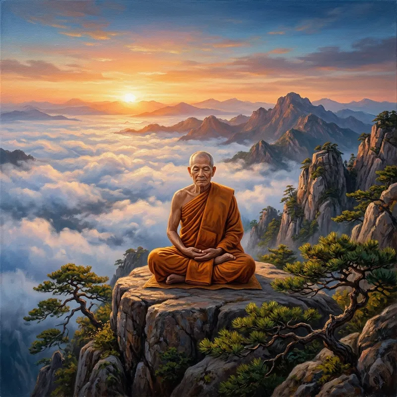 Serene Monk Meditating on Mountain Top at Sunrise Serene Monk Meditating on Mountain Top at Sunrise