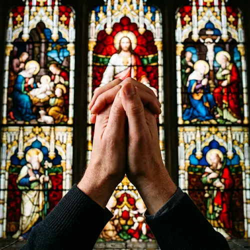 Vibrant Church Stained Glass Hands Prayer Art