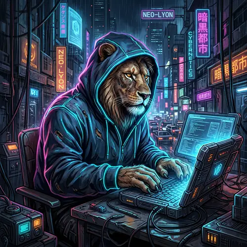 Cyberpunk Lion in Blue Hoodie | Digital Art