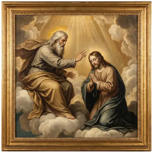 Renaissance Style Oil Painting Depicting Divine Figure and Son