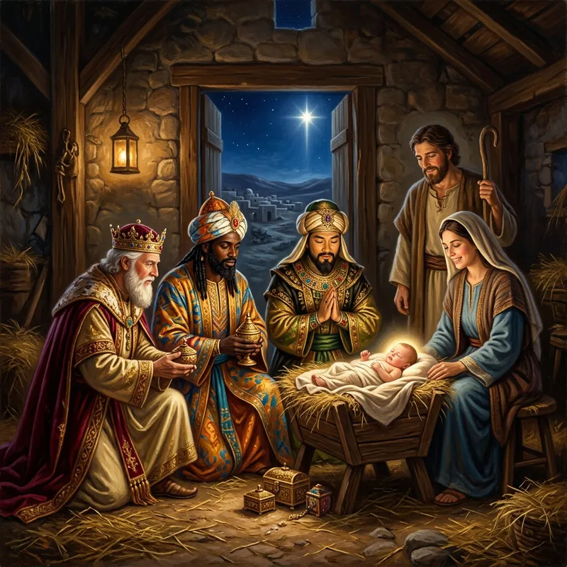 Magi Adoring Jesus in Manger Painting Magi Adoring Jesus in Manger Painting
