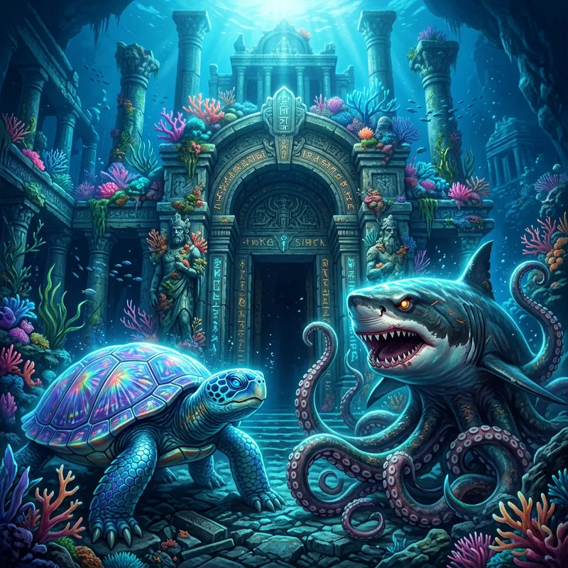 Mythical Sea Creatures Guarding Underwater Temple Mythical Sea Creatures Guarding Underwater Temple