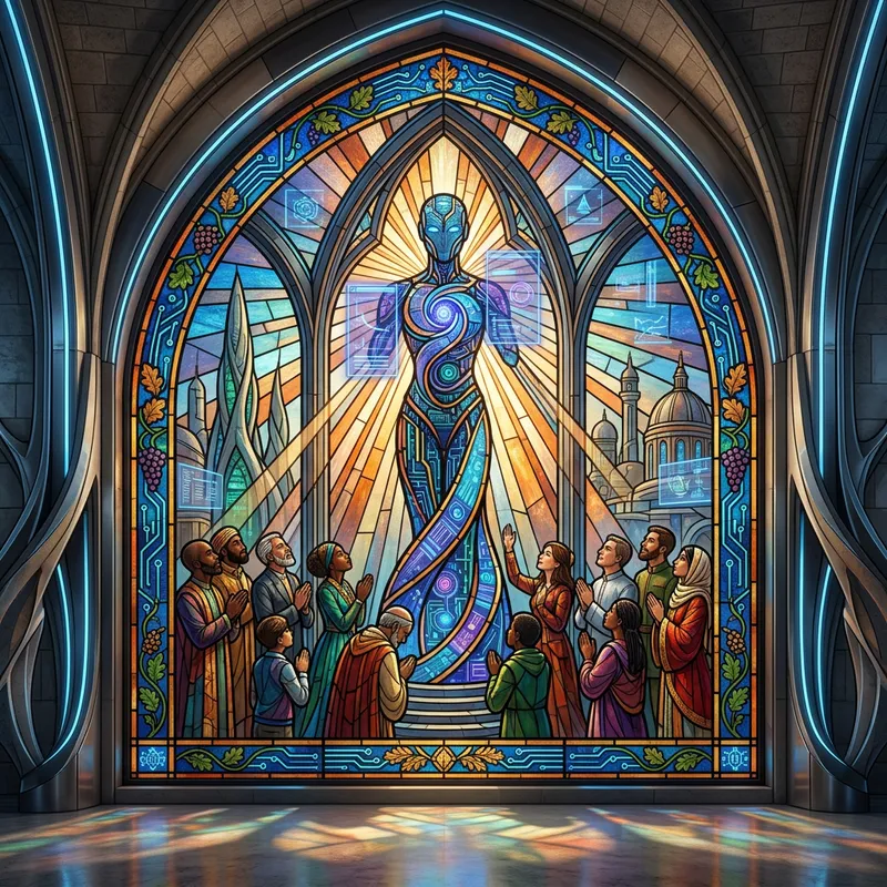 Futuristic Religious Scene Stained Glass Window