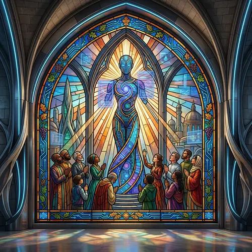 Futuristic Stained Glass Window | Diverse Congregation & AI Deity