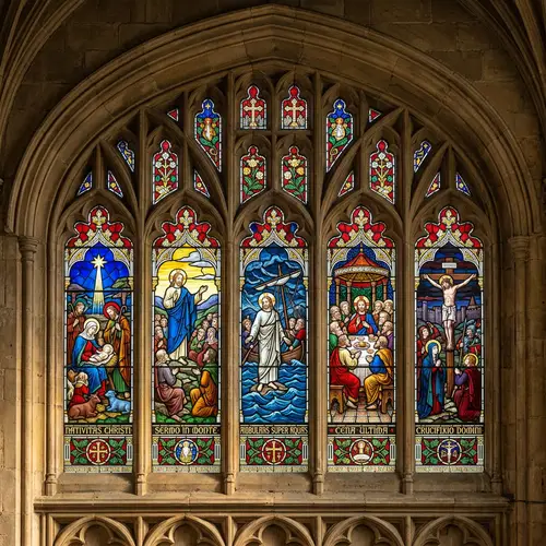 Stained Glass Window Illustration depicting Scenes from the Life of Jesus
