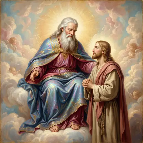 Renaissance-Style Oil Painting of Divine Figures in Conversation