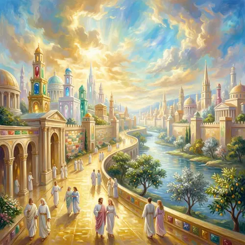 Ethereal Oil Painting of Heavenly City | Divine Cityscape in Gold and Azure
