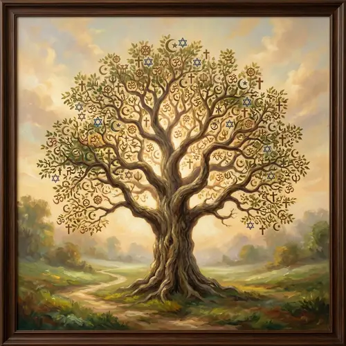 Remarkable Tree: Unity in Religious Symbols | Oil Painting