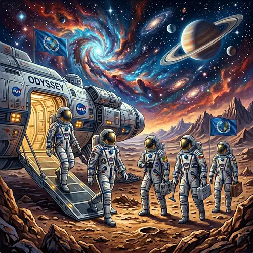 Grandeur of Space Exploration: Diverse Astronaut Crew on Alien Planet