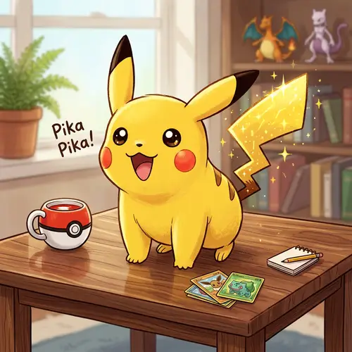 Bright Yellow Pikachu Standing Cheerfully on Wooden Table