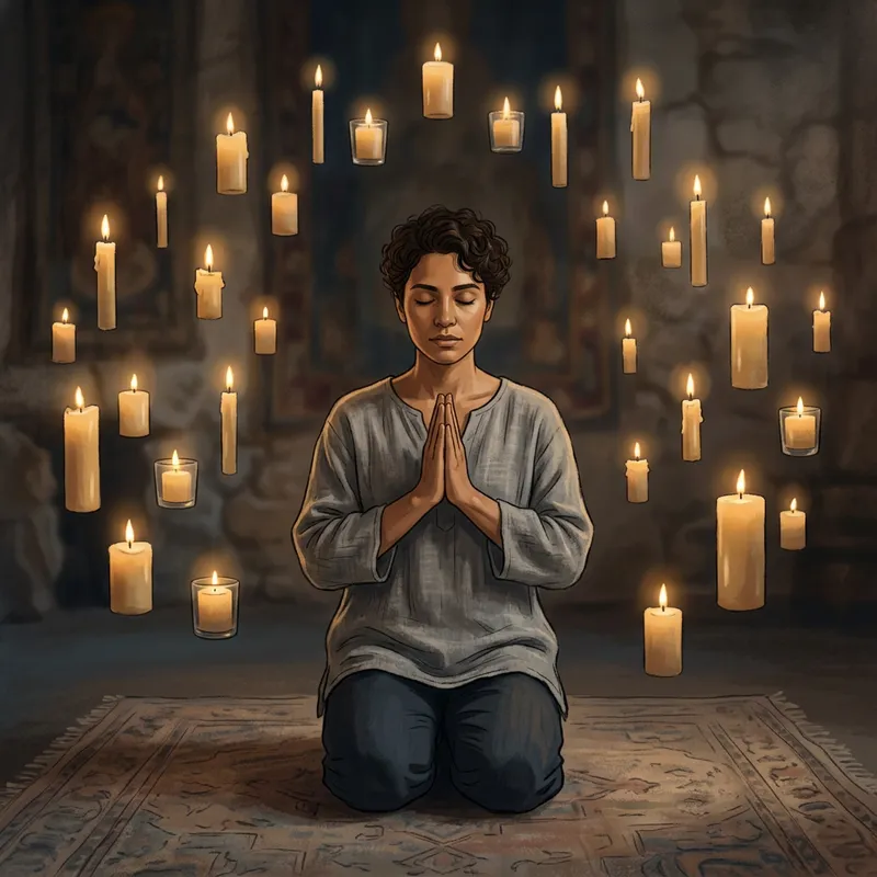 Figure in Prayer Surrounded by Floating Candles