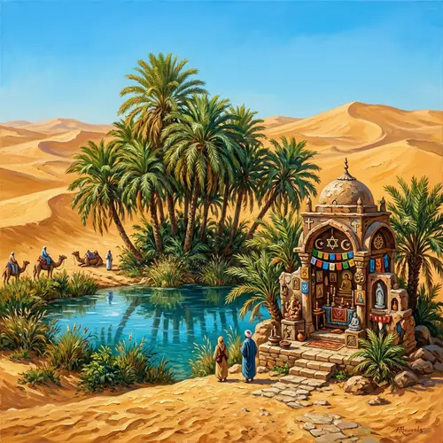 Desert Oasis Painting: Tranquil Water, Palm Trees, and Symbolic Shrine