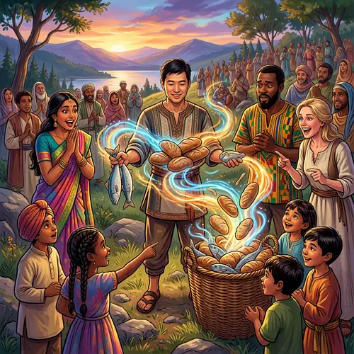 Multiplication of Loaves and Fishes - Diverse Gathering Illustration