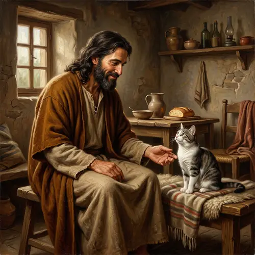 Renaissance Style Oil Painting of Middle Eastern Man with Cat