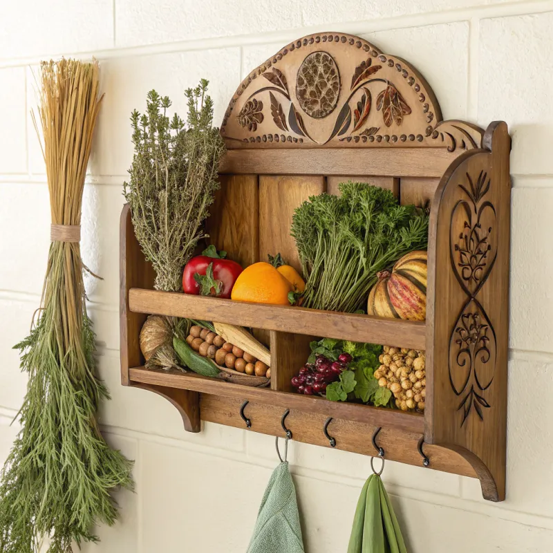 Rustic Wooden Wall Rack with Dried Herbs Rustic Wooden Wall Rack with Dried Herbs