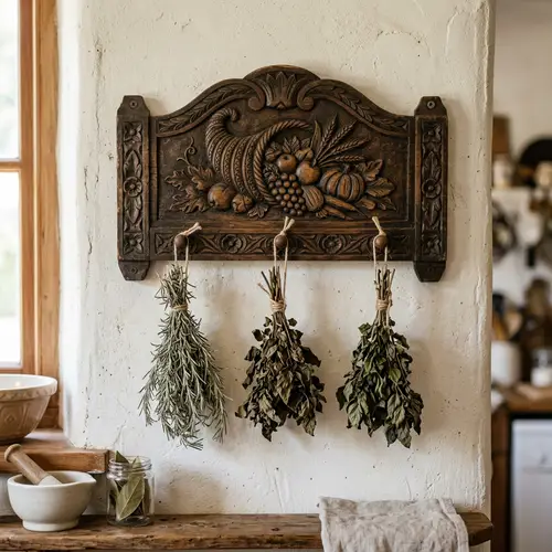 Rustic Wooden Wall Rack with Dried Herbs