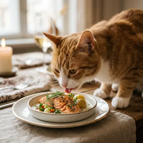Playful Feline Savoring Upscale Culinary Delights