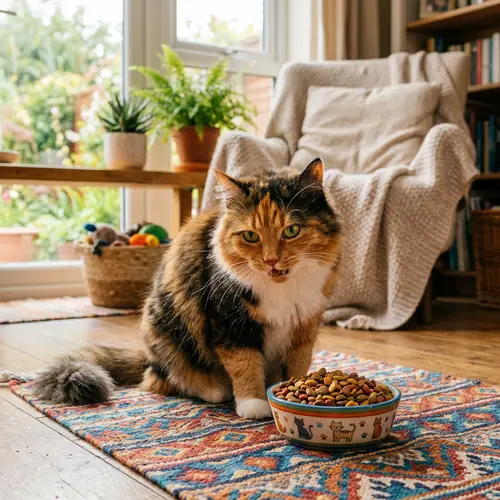 Calico Domestic Cat Enjoying a Meal - Cute and Colorful Scene