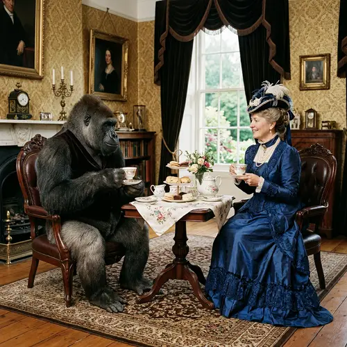 Gorilla and Victorian Woman: A Tea Party Surprise