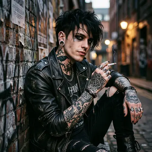 Expressive Gothic Bad Boy with Piercings, Tunnel Piercing, Tattoos, and Smokey Eyes
