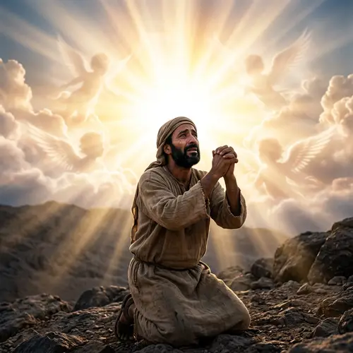 Divine Revelation: Humble Man in Prayer to Radiant God