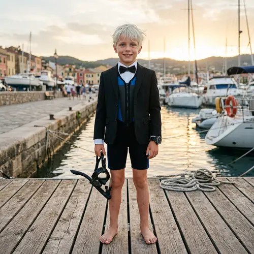 Caucasian Boy with White Hair in Black and Diving Suit