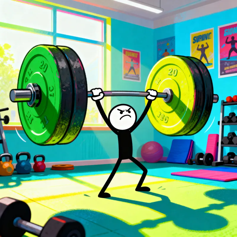 Whimsical Stickmodel vs. Oversized Weights in Gym