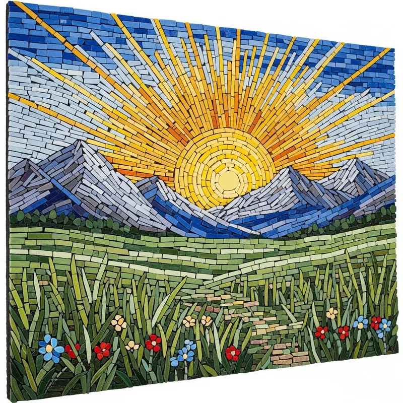 Mosaic Art: Sun, Meadows, and Mountains