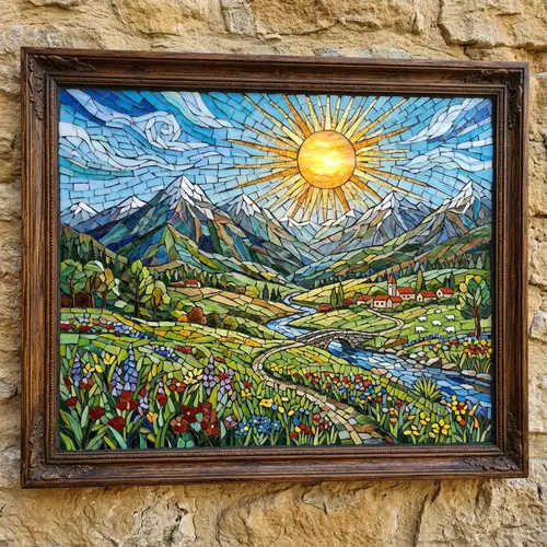 Mosaic Art: Sun, Meadows, and Mountains