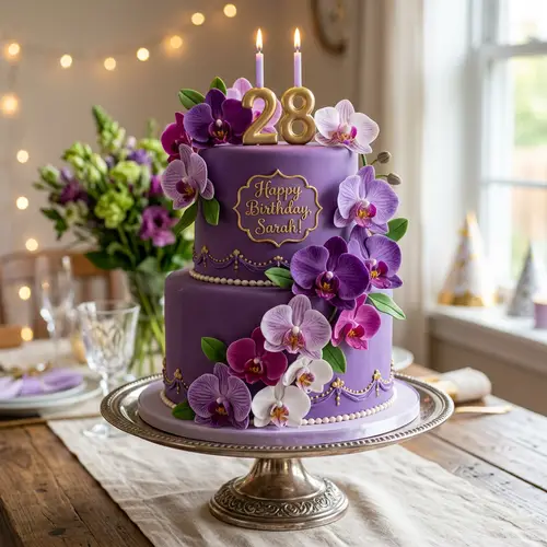 Purple Birthday Cake with Orchid Flowers