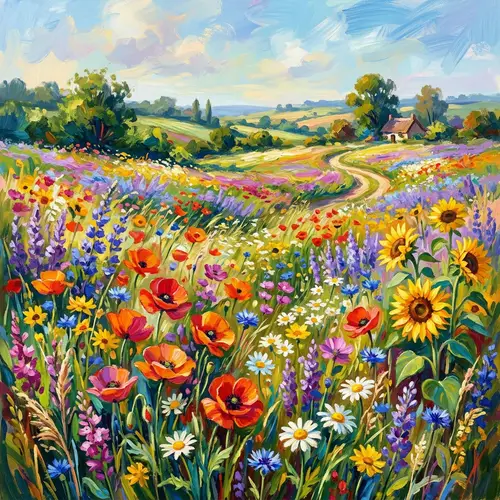 Vibrant Summer Flowers Field Painting | Nature-Inspired Artwork