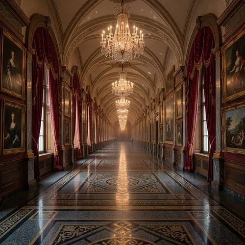 Intriguing Perspective of Long Hall with Crystal Chandeliers
