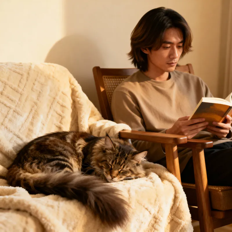 Asian Man Reading with Maine Coon Cat