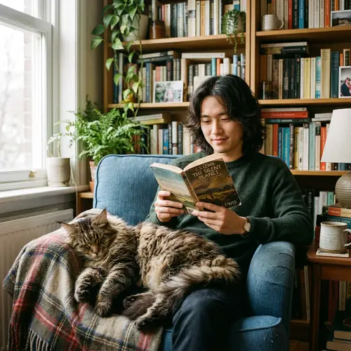 Asian Man Reading with Maine Coon Cat