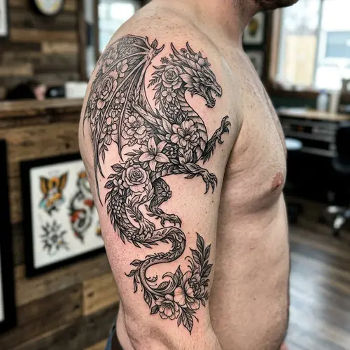 Flower Dragon Tattoo: Majestic Fantasy Design