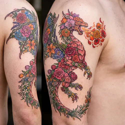 Dragon with Floral Body Tattoo Design