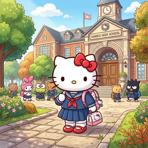 Hello Kitty in School Uniform Outside Building