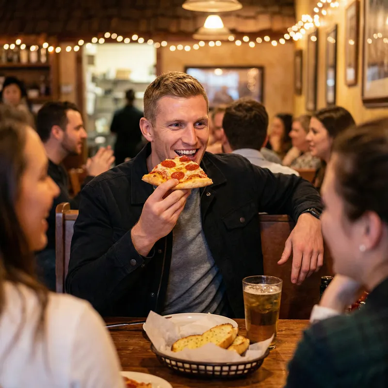 Ryan Gosling enjoying pizza in a cozy restaurant