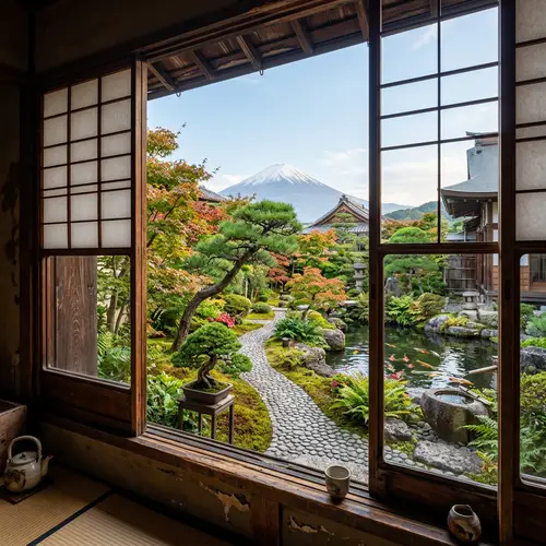 Japanese Landscape - View Through Traditional Window Frame