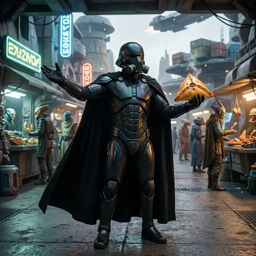 Tatar Echpochmak: Delicious Meat Pastry by a Tall Figure in Black Armor